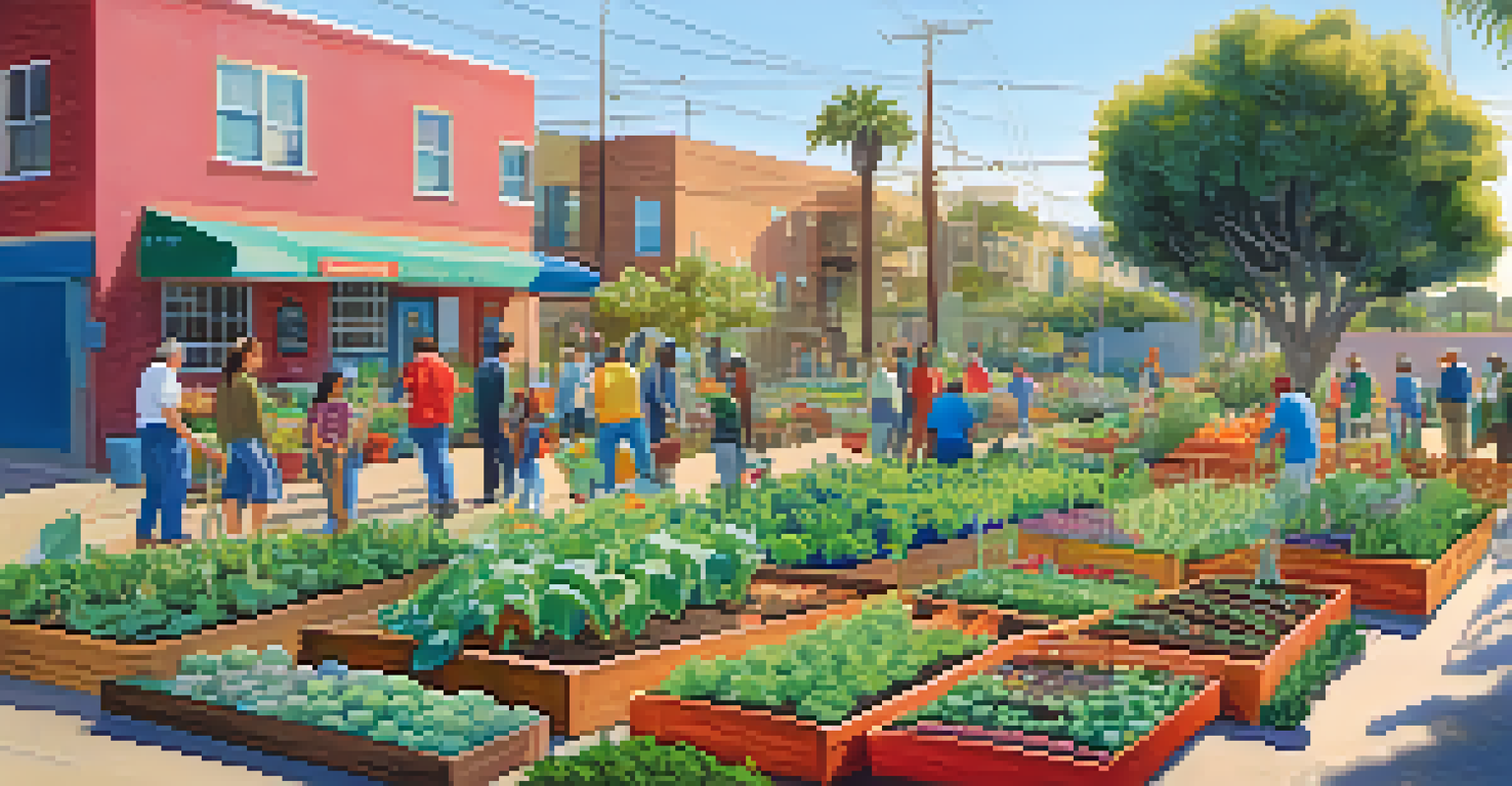 A lively community garden with residents gardening and colorful vegetable beds, set against a mural in Santa Monica.