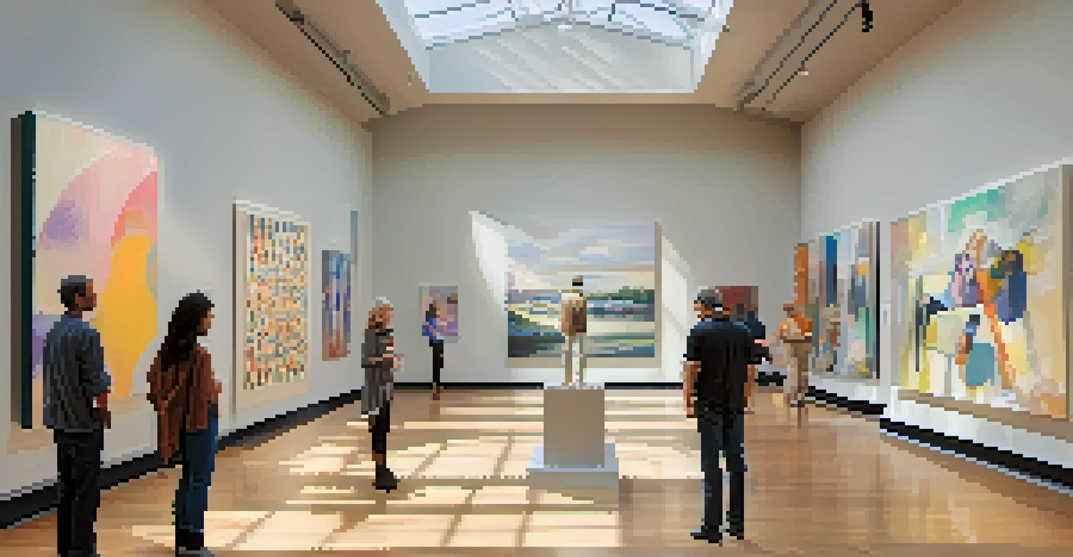 A bright interior of the Bergamot Station Arts Center showcasing contemporary art, with visitors admiring a large abstract painting in the foreground.