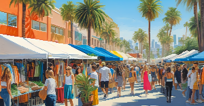 An outdoor sustainable fashion market in Santa Monica with colorful stalls and shoppers.
