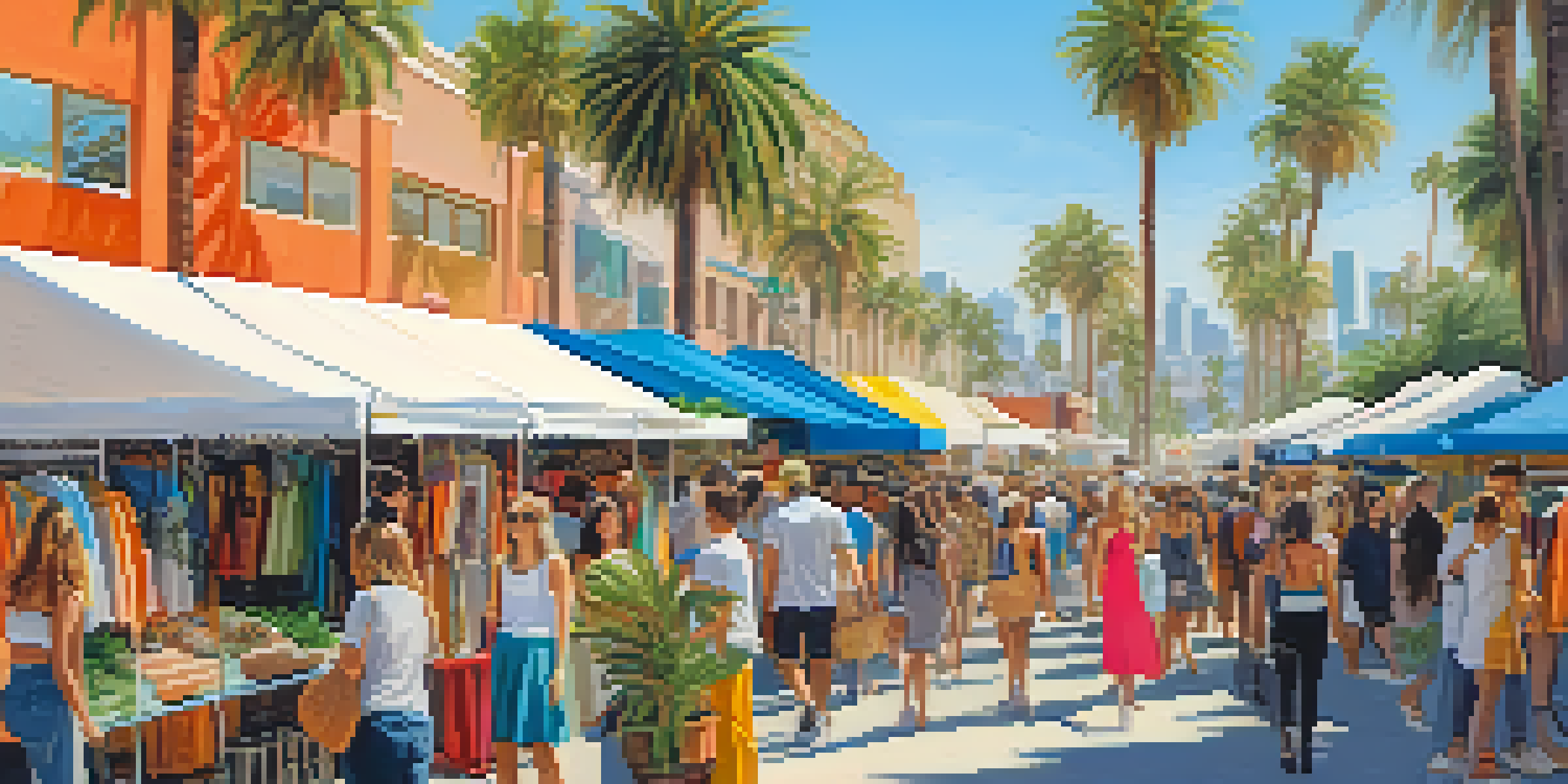 An outdoor sustainable fashion market in Santa Monica with colorful stalls and shoppers.