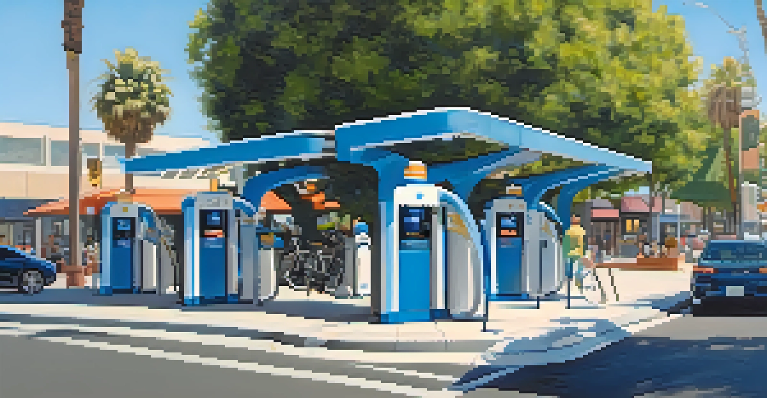 A modern electric vehicle charging station in Santa Monica, with bike lanes and pedestrians in a clean streetscape.