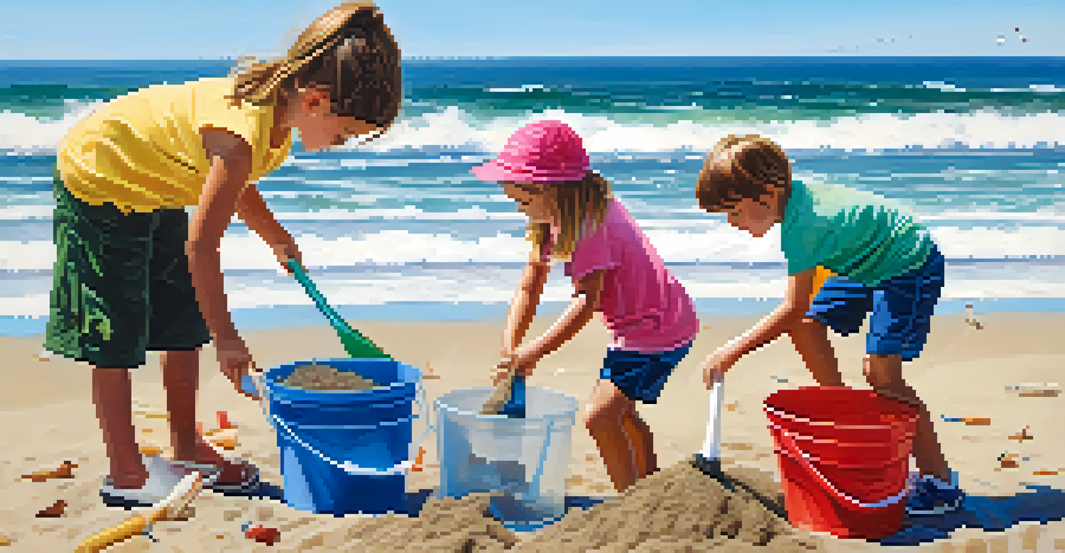 Children collecting litter during a beach clean-up at Santa Monica Beach, with the ocean in the background.