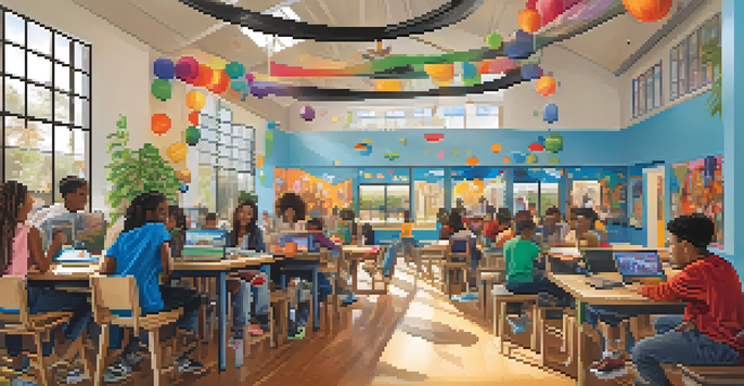 A lively community center in Santa Monica where young people are participating in art, technology, and sports activities, with bright natural light and colorful decorations.