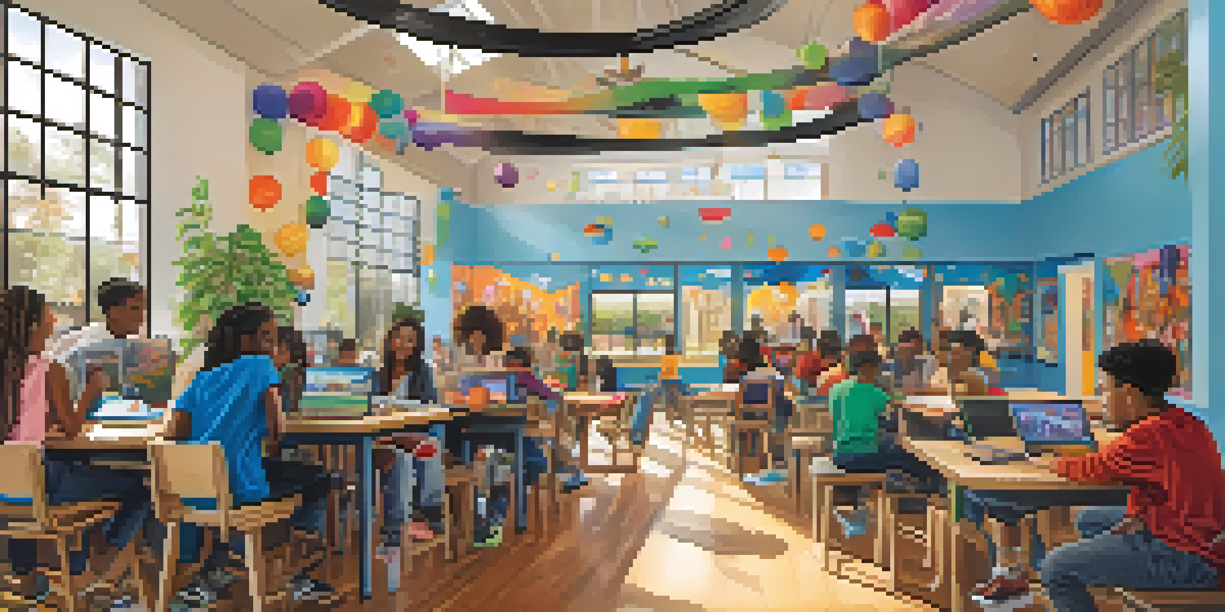 A lively community center in Santa Monica where young people are participating in art, technology, and sports activities, with bright natural light and colorful decorations.
