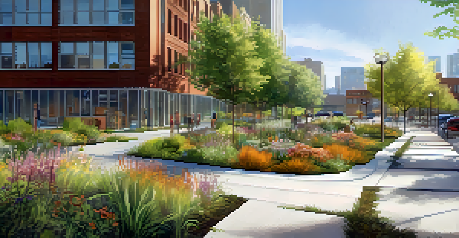 A rain garden with native plants and permeable pavement in an urban setting, illuminated by warm afternoon light, showcasing green infrastructure.