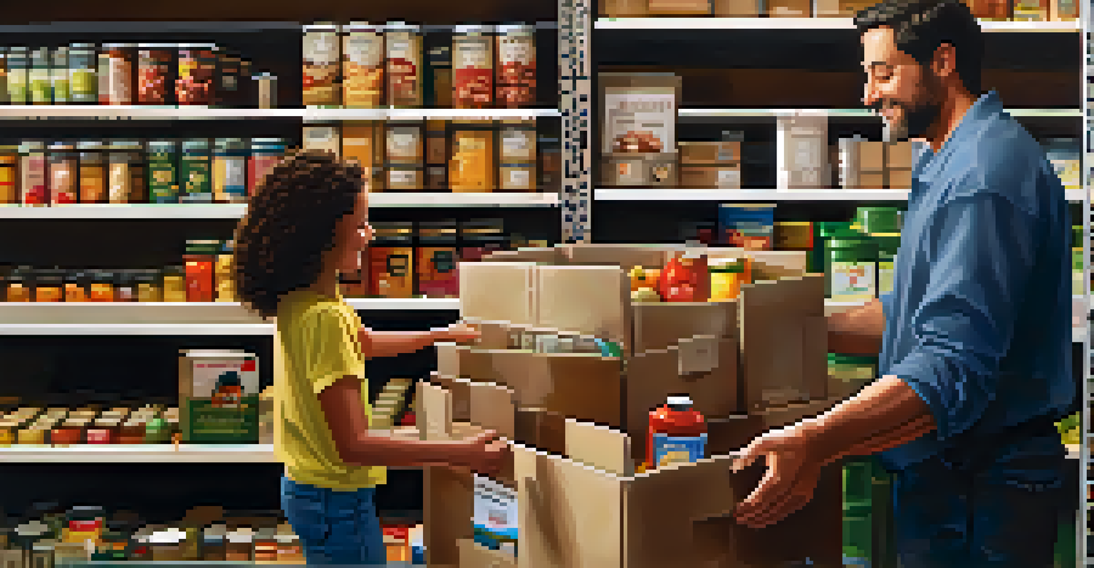 A volunteer helping a family at a food bank, with a warm and inviting background.