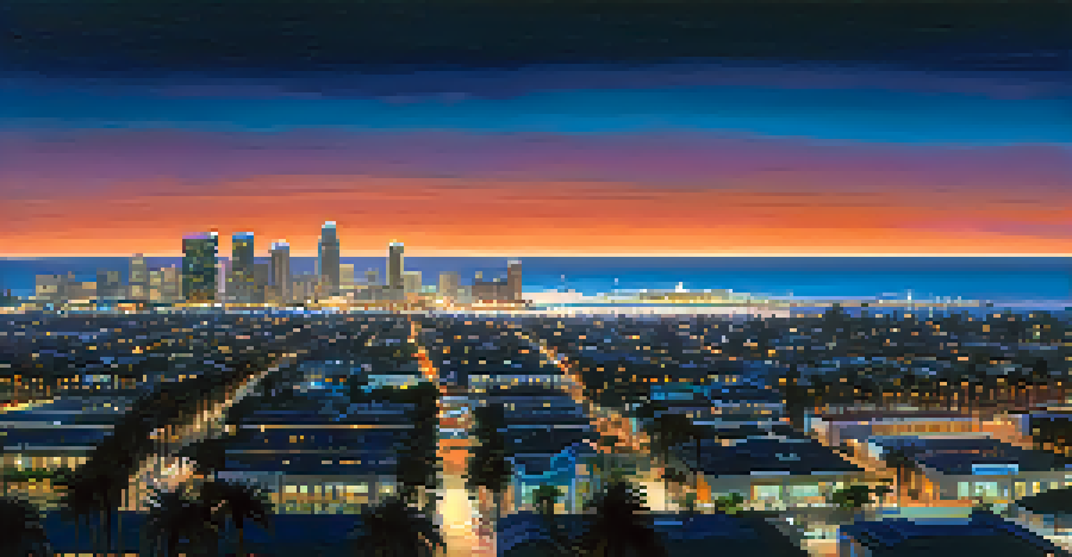 A panoramic view of the Santa Monica skyline at dusk, showcasing illuminated tech buildings and palm trees against a colorful sky.