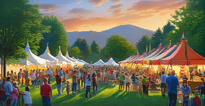 A lively outdoor festival showcasing local heritage with colorful tents and people of all ages sharing stories in a green park under a warm sunset.