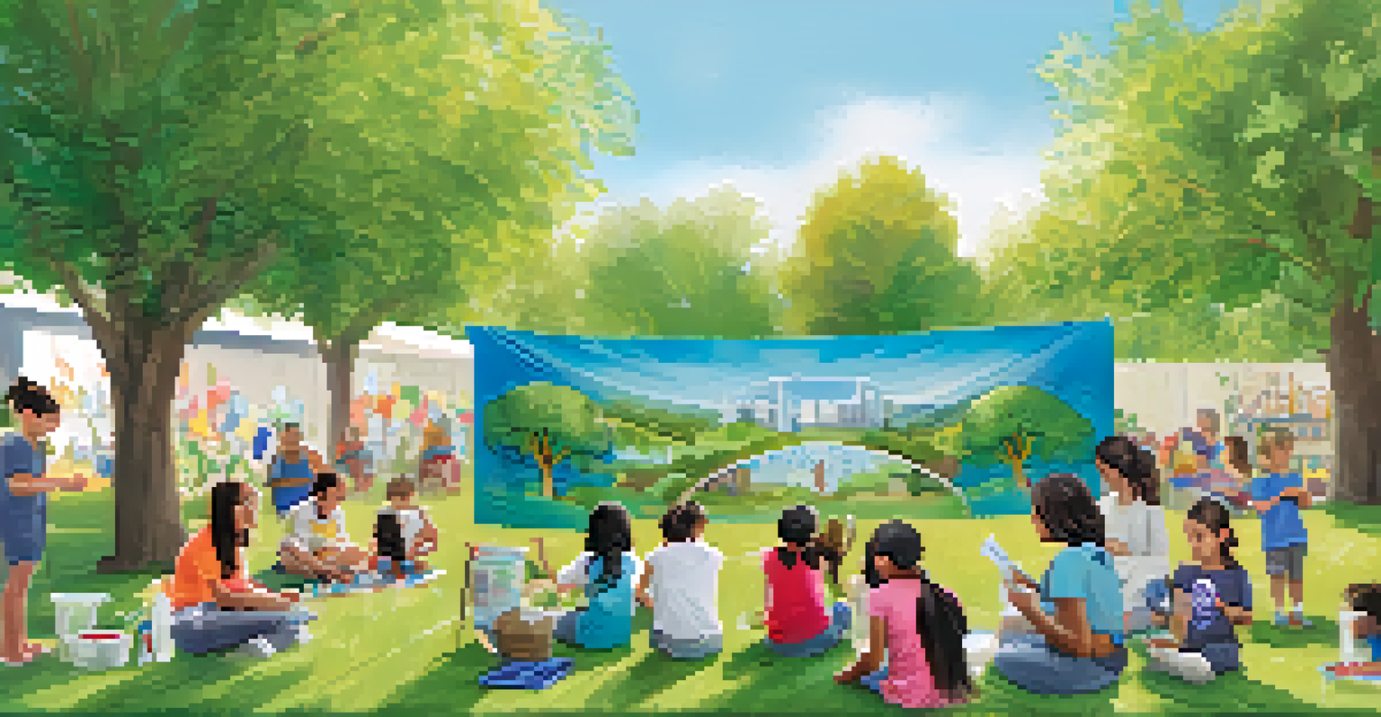 A diverse group of people participating in a community workshop on water conservation outdoors, with colorful banners and children engaged in activities.