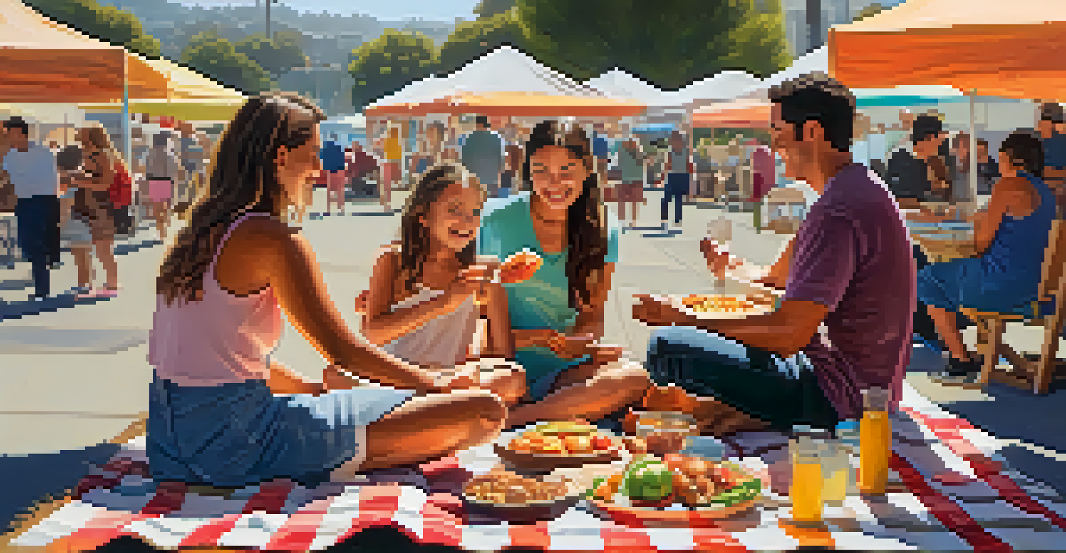 A family picnic at the farmers market, with food laid out on a blanket and market stalls in the background.