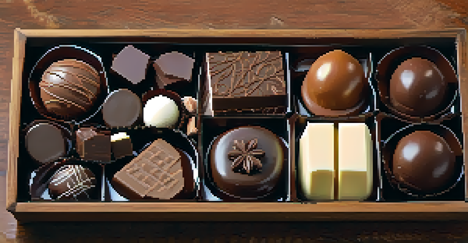 Close-up of a variety of artisanal chocolates displayed on a wooden platter, showcasing different shapes and textures.