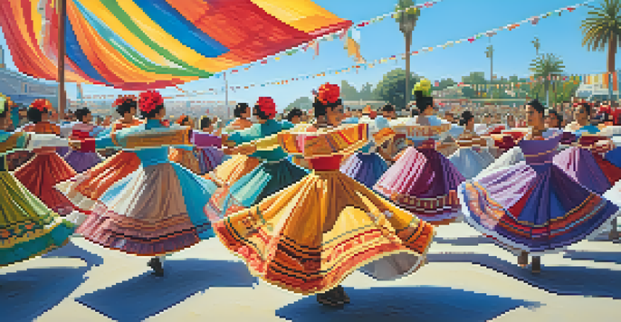 A lively outdoor festival in Santa Monica with dancers in traditional Mexican folklorico costumes performing in front of a cheerful crowd under a clear blue sky.