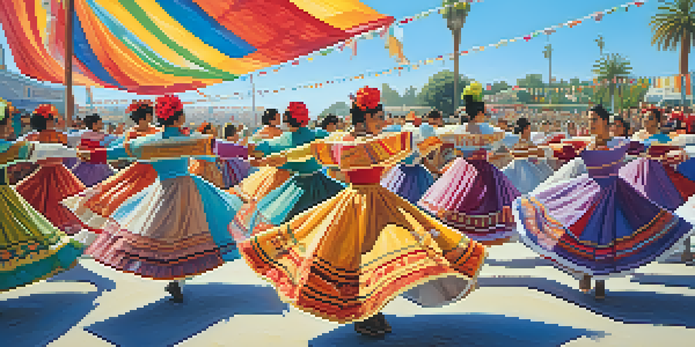 A lively outdoor festival in Santa Monica with dancers in traditional Mexican folklorico costumes performing in front of a cheerful crowd under a clear blue sky.