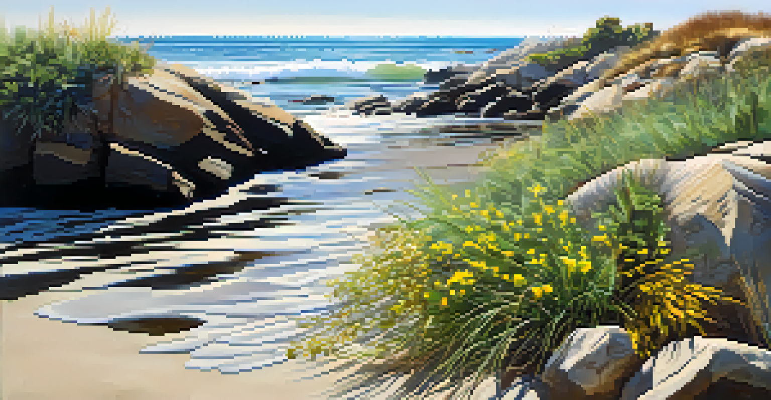 Close-up of a living shoreline in Santa Monica with plants and rocks aimed at preventing coastal erosion.