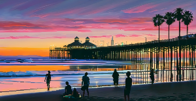 A beautiful sunset at Santa Monica beach with people enjoying the sand, surfers in the water, and silhouetted palm trees against a colorful sky.
