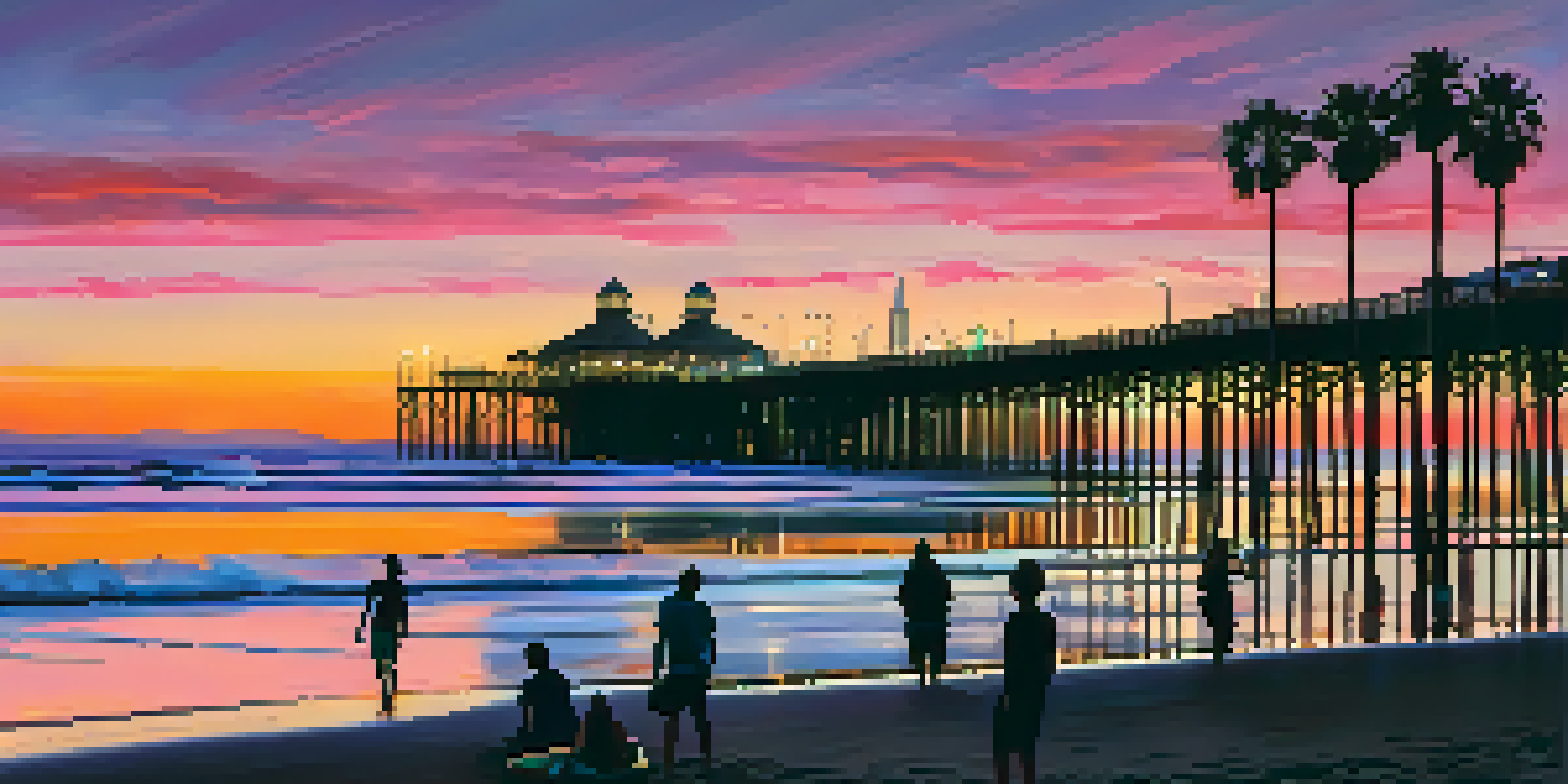 A beautiful sunset at Santa Monica beach with people enjoying the sand, surfers in the water, and silhouetted palm trees against a colorful sky.