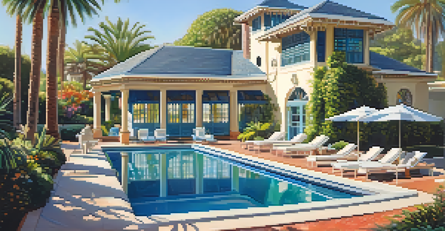 The Annenberg Community Beach House featuring a historic pool and beautiful gardens under sunlight.