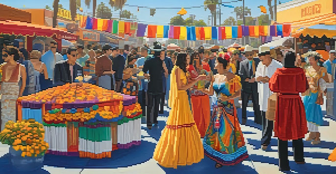 A lively street festival in Santa Monica with people in traditional attire celebrating Dia de los Muertos, featuring colorful decorations and food stalls.