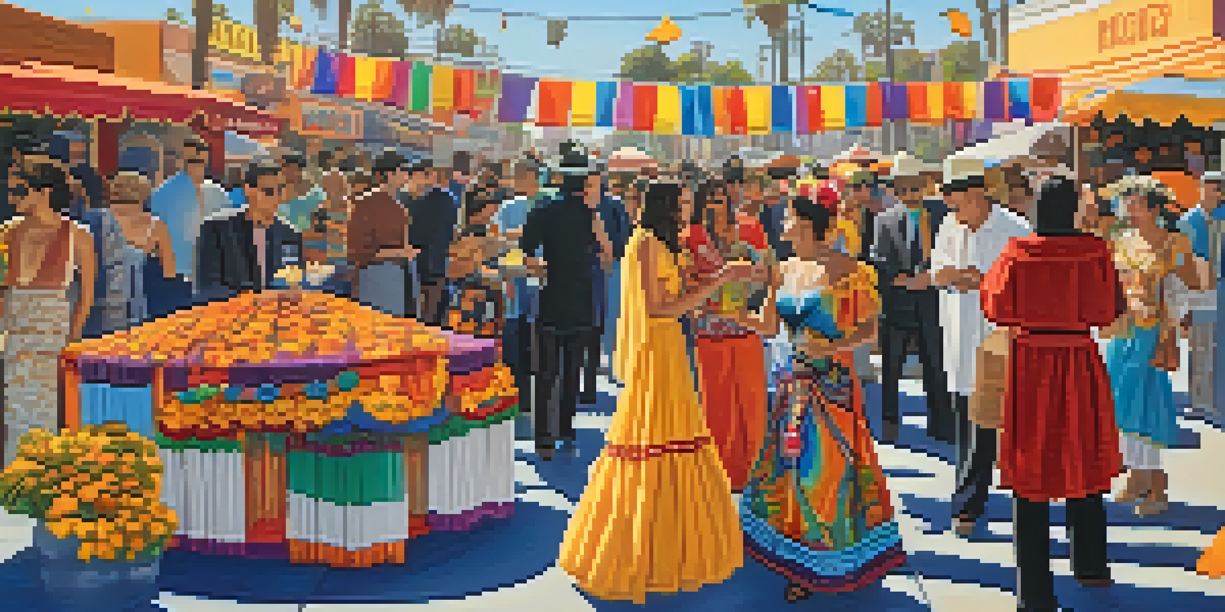 A lively street festival in Santa Monica with people in traditional attire celebrating Dia de los Muertos, featuring colorful decorations and food stalls.
