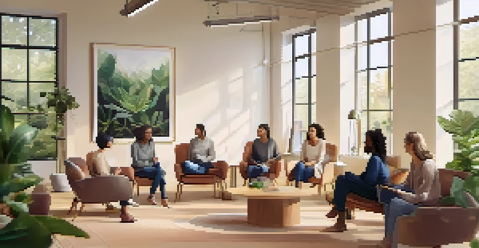 A diverse group of individuals in a supportive therapy session, sitting in a circle in a bright room with natural light and calming decorations.