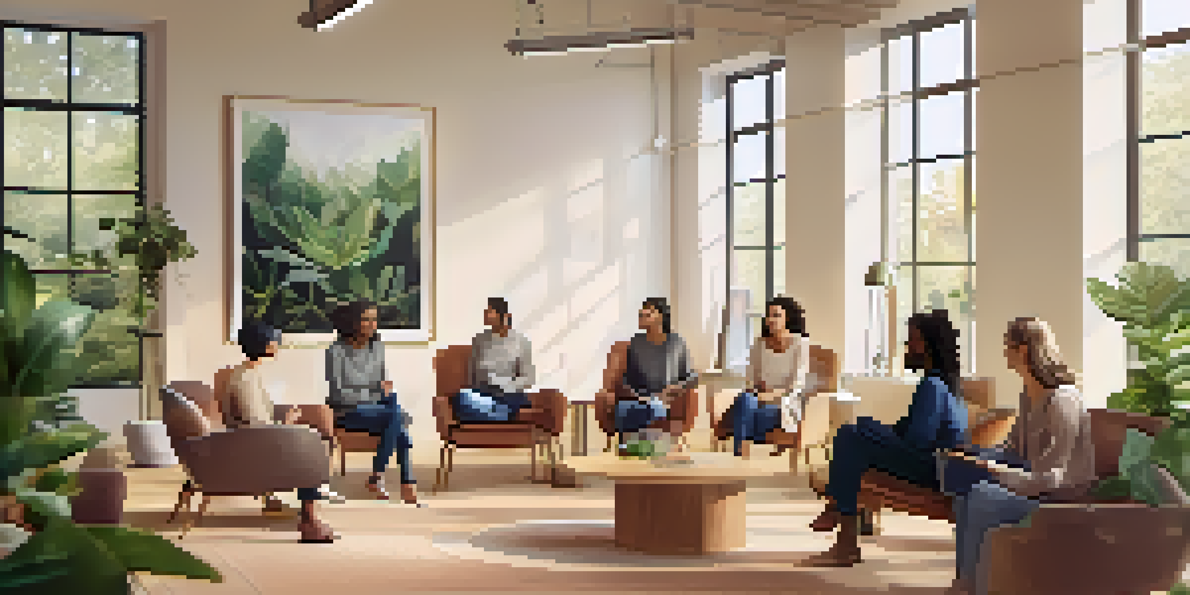 A diverse group of individuals in a supportive therapy session, sitting in a circle in a bright room with natural light and calming decorations.