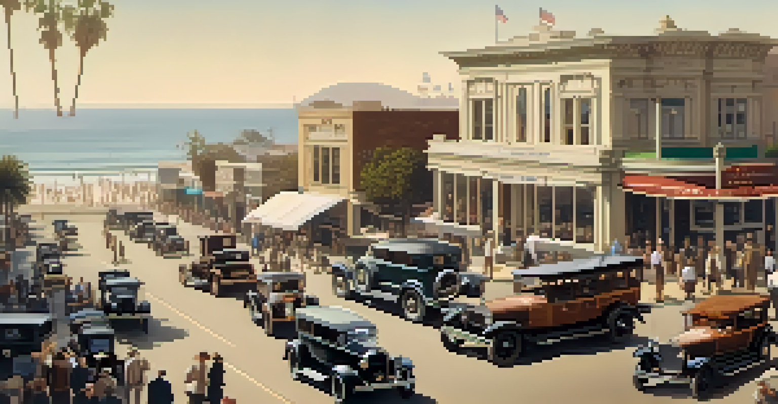 A historical scene of Santa Monica in sepia tone, featuring vintage buildings and early automobiles, bustling with people in period clothing.