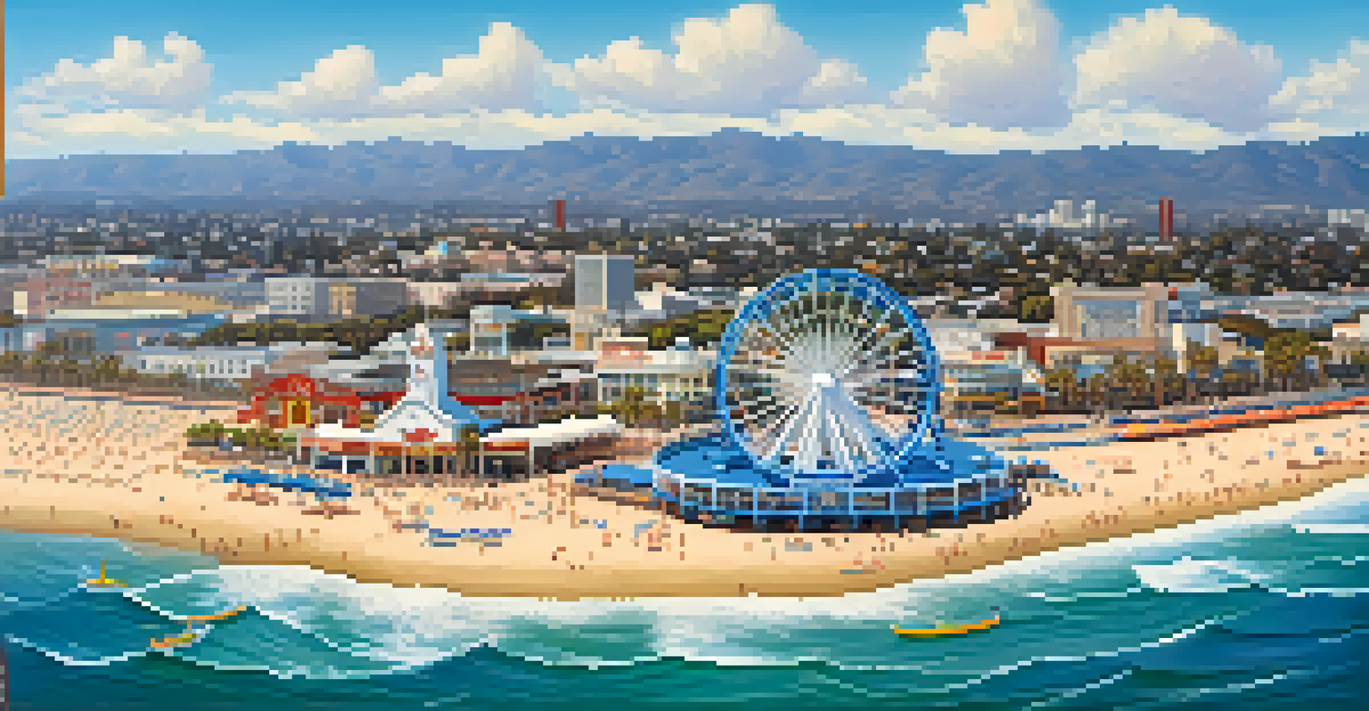 An aerial view of Santa Monica Pier, highlighting its attractions and the surrounding beach and ocean.