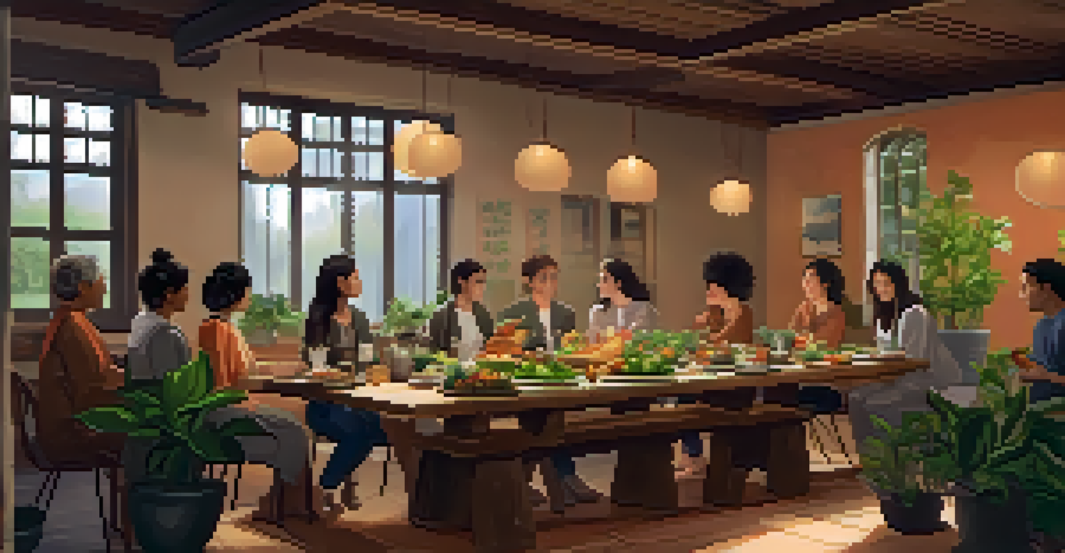 A serene mindful eating workshop with participants seated on cushions, listening to a facilitator, surrounded by healthy dishes and plants.