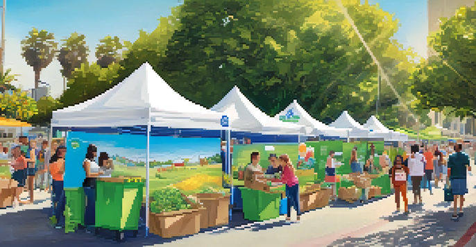 A community event in Santa Monica promoting zero waste, with residents learning about recycling and composting under a clear sky.