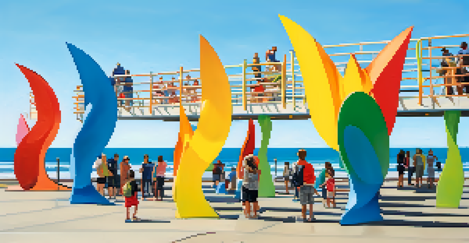 Colorful public art sculptures at Santa Monica Pier with families and tourists admiring them against the ocean backdrop.