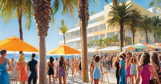 A lively beach fashion show in Santa Monica with models wearing bright, eco-friendly outfits, palm trees, and the ocean in the background.