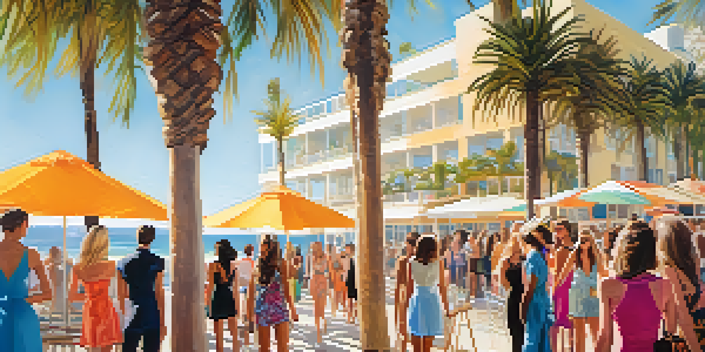 A lively beach fashion show in Santa Monica with models wearing bright, eco-friendly outfits, palm trees, and the ocean in the background.