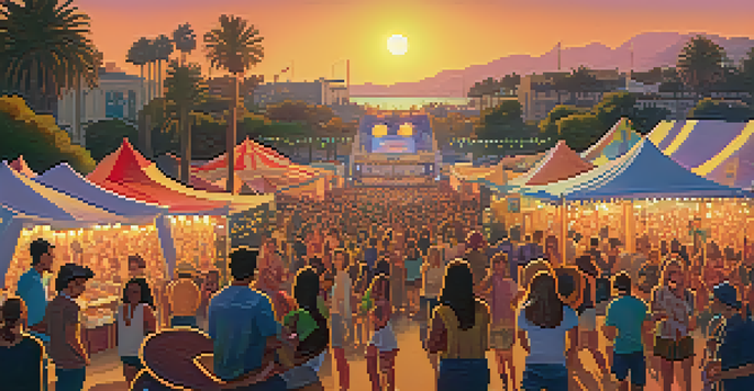 A lively outdoor music festival in Santa Monica with a diverse audience and musicians performing on stage as the sun sets.