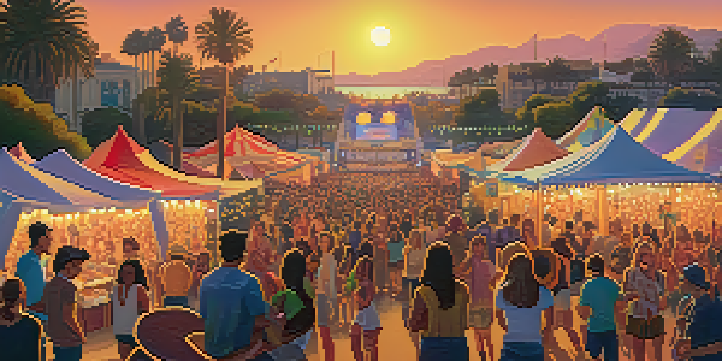 A lively outdoor music festival in Santa Monica with a diverse audience and musicians performing on stage as the sun sets.