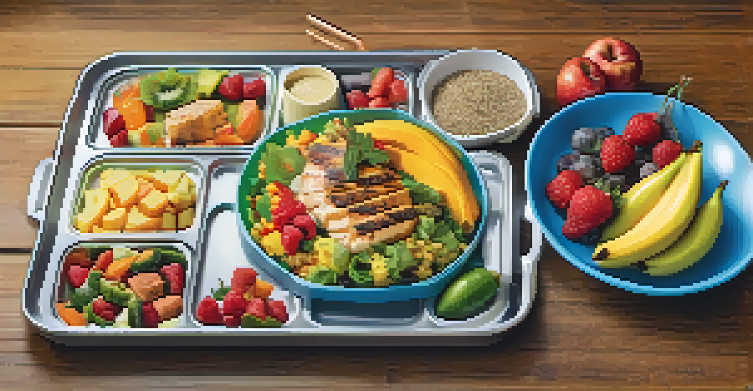 A detailed view of a nutritious school lunch tray displaying a colorful array of healthy foods.