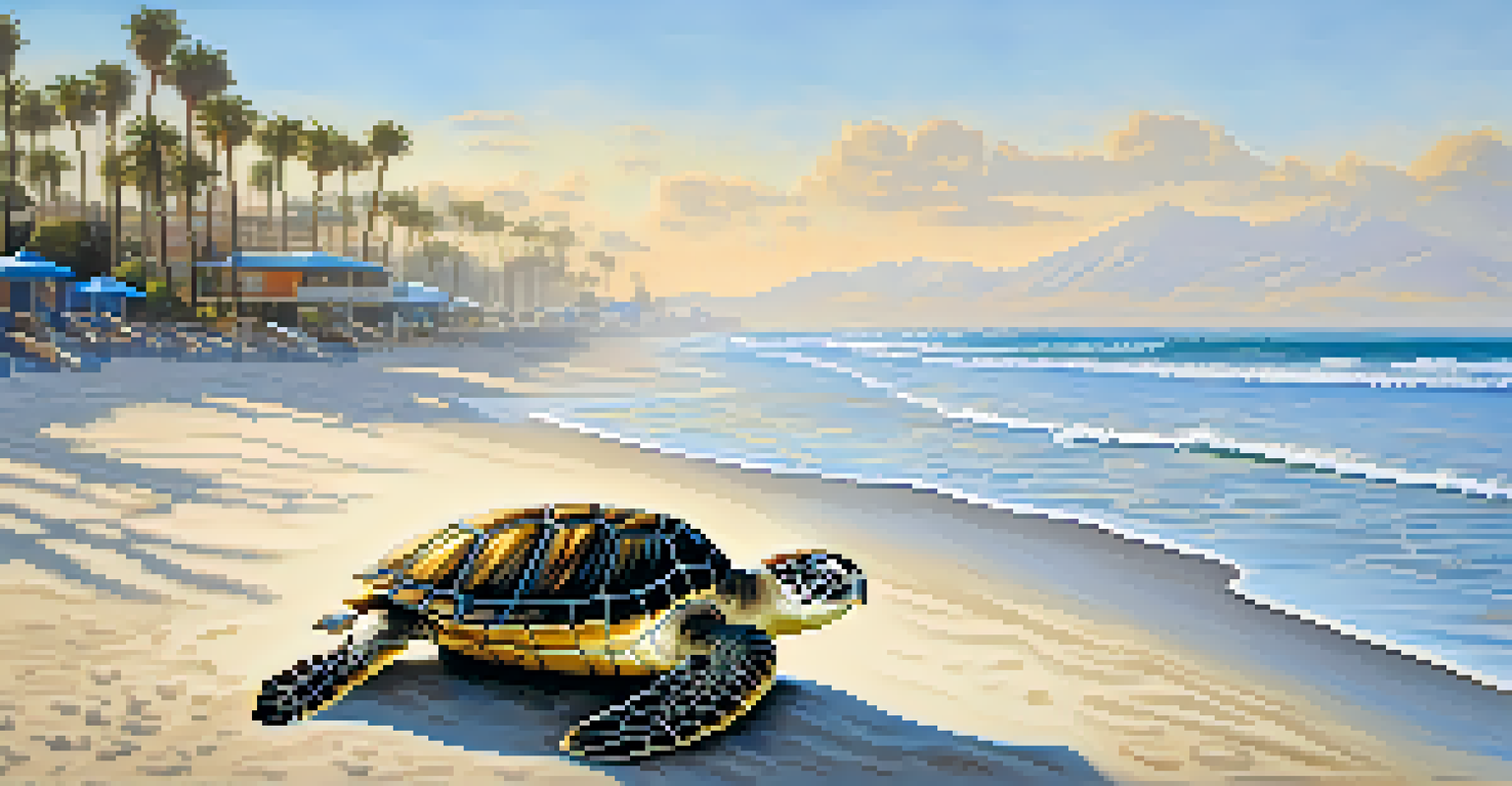 Close-up of a sea turtle approaching the beach with sunlit water and beachgoers in the background.