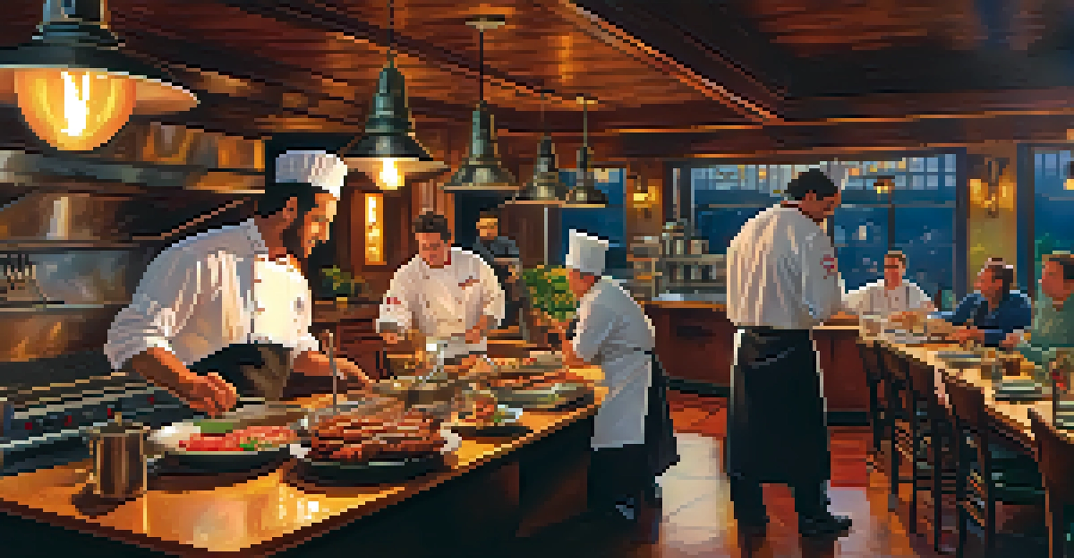 A bustling restaurant interior at Tar & Roses, featuring chefs grilling and diners enjoying food, highlighted by the warm lighting of the open kitchen.