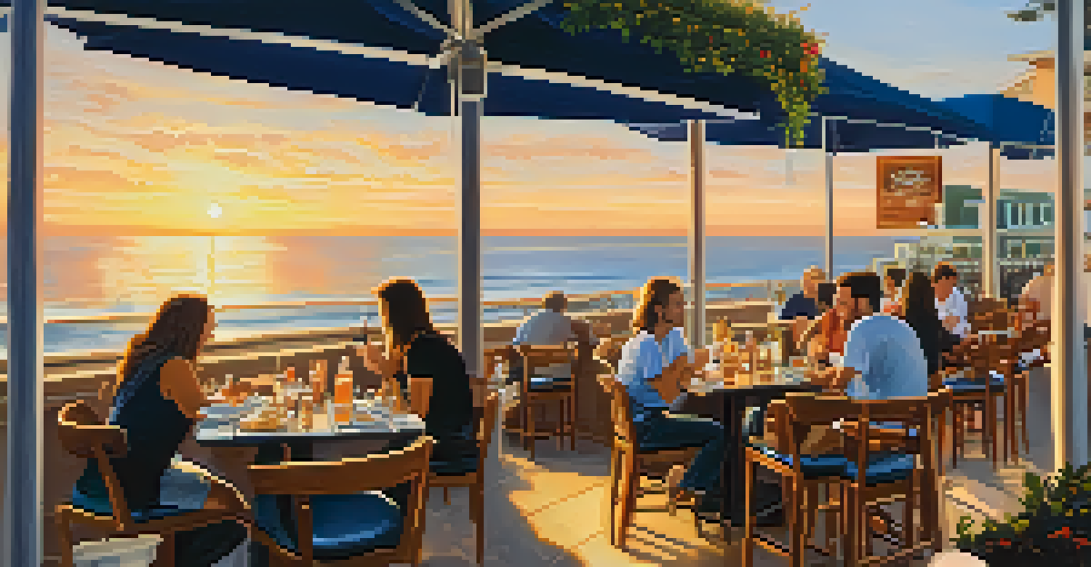 A picturesque coastal restaurant in Santa Monica with diners enjoying seafood dishes while looking at the ocean during sunset.
