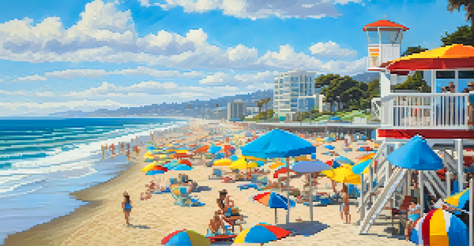 A sunny Santa Monica beach with families, colorful umbrellas, and a lifeguard tower under a blue sky.