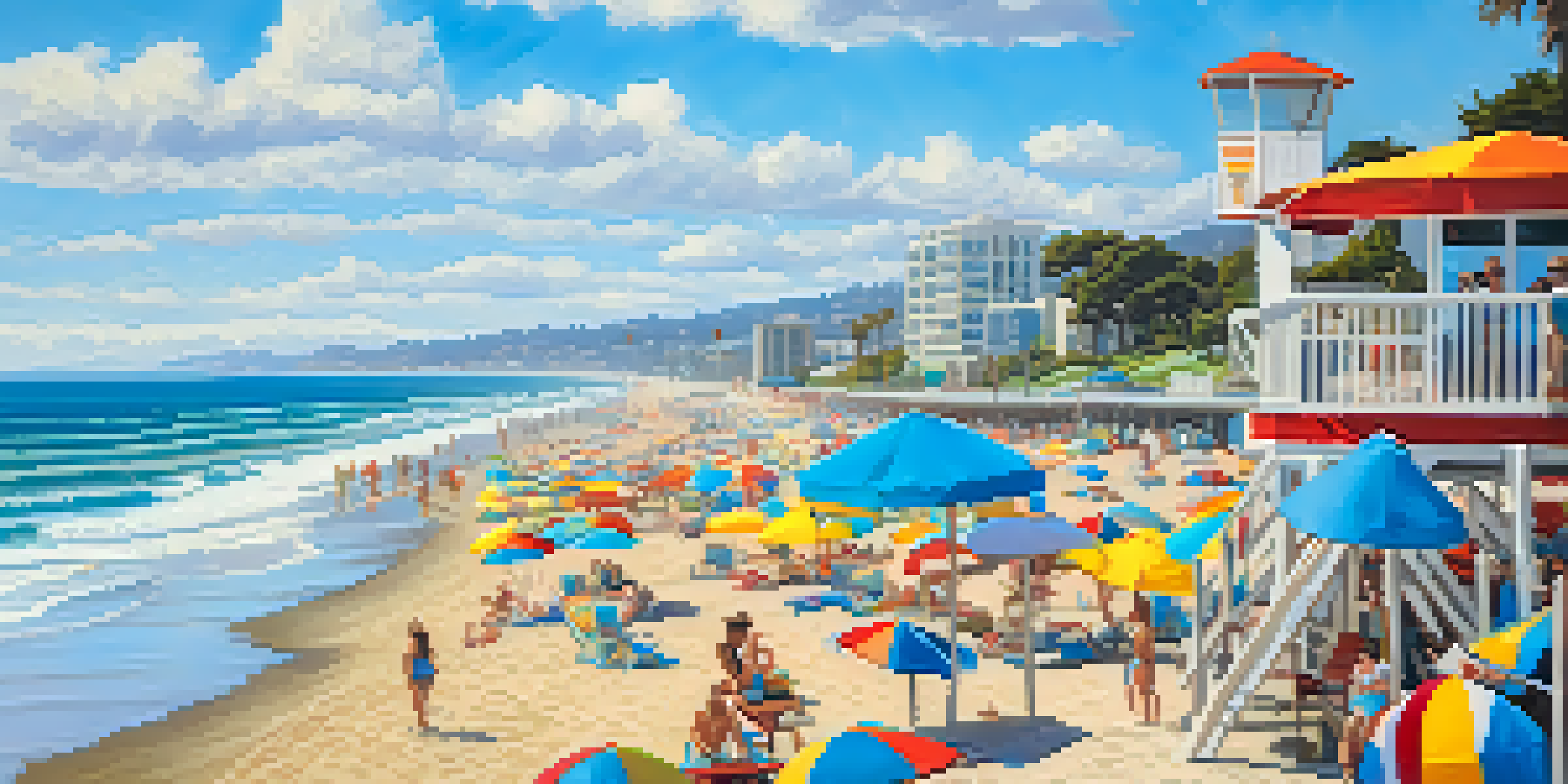 A sunny Santa Monica beach with families, colorful umbrellas, and a lifeguard tower under a blue sky.