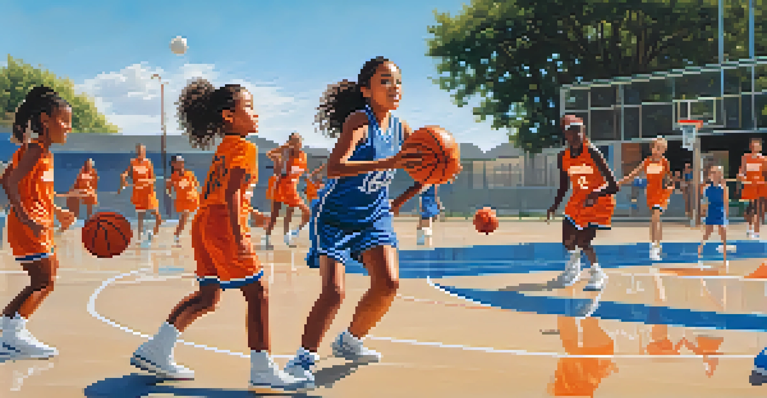 A young girl practicing basketball on an outdoor court, showcasing focus and determination.