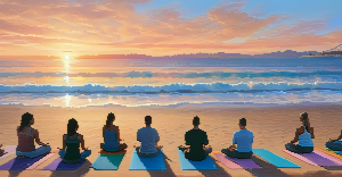 A peaceful beach with people practicing yoga at sunset, surrounded by gentle waves and vibrant sky colors.