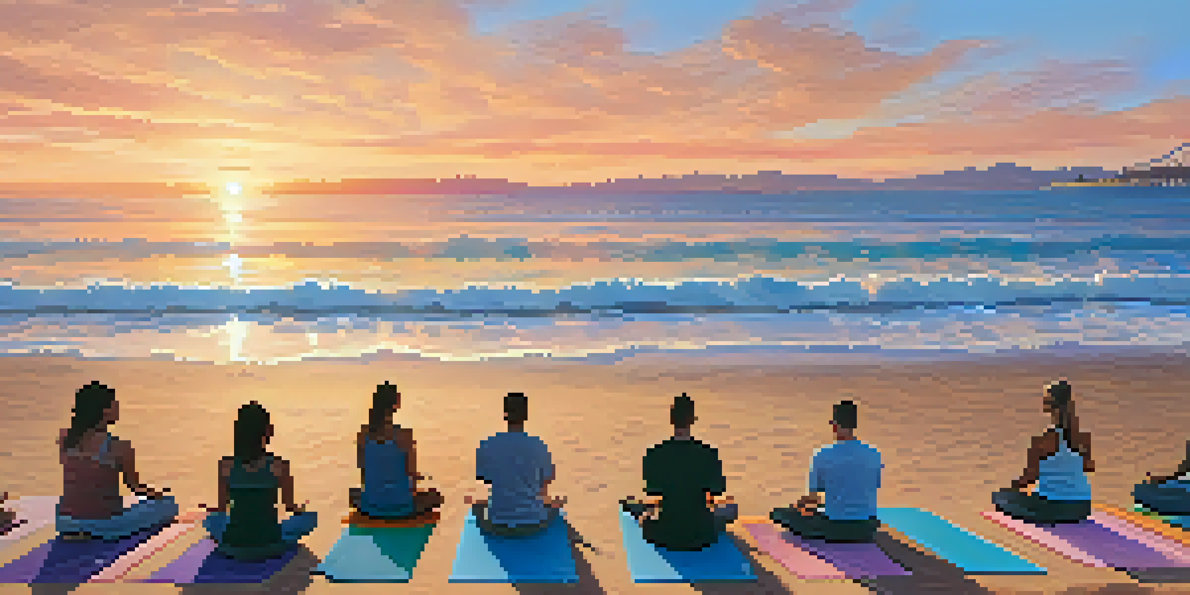 A peaceful beach with people practicing yoga at sunset, surrounded by gentle waves and vibrant sky colors.