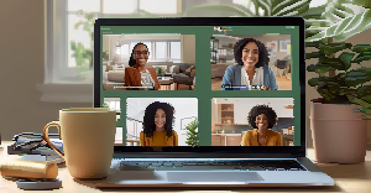 A laptop showing a diverse virtual support group meeting, with smiling participants in a cozy home office setting.