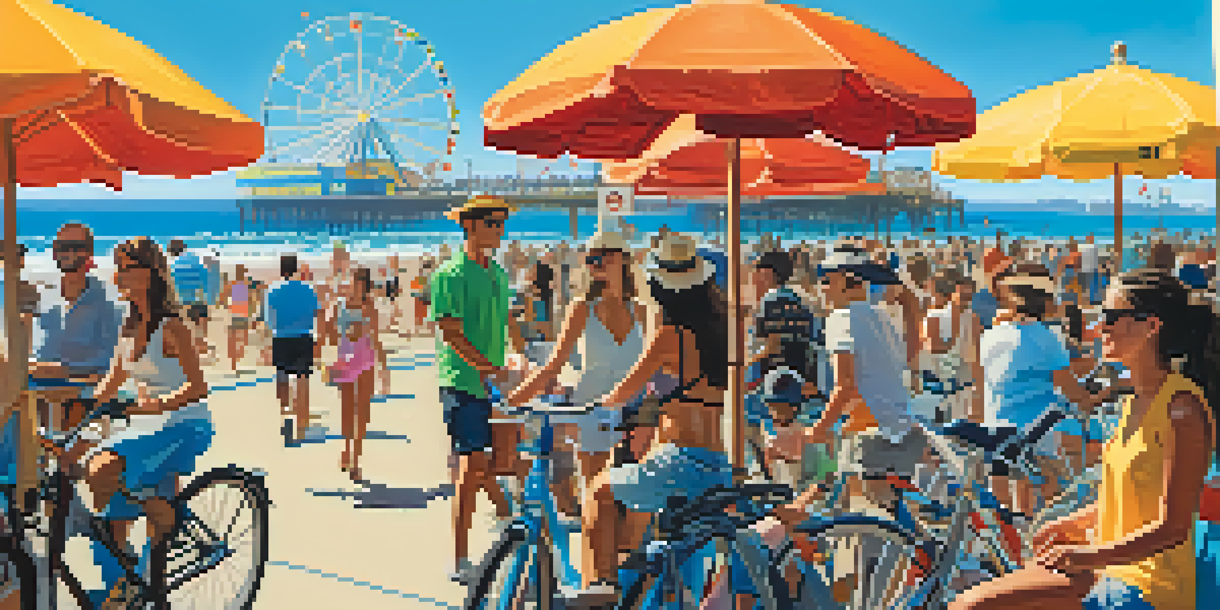 A lively street scene at Santa Monica Pier with people, bicycles, and beach umbrellas under a clear blue sky.