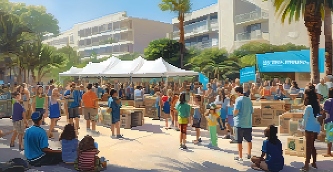 A diverse group of residents participating in an outdoor workshop on recycling and sustainability in Santa Monica.