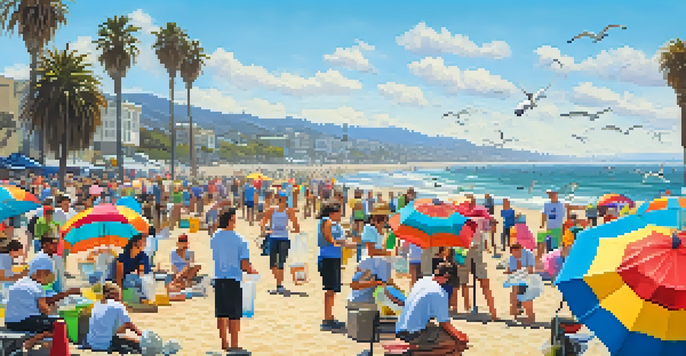 A community beach clean-up event with diverse volunteers collecting trash under a clear blue sky.