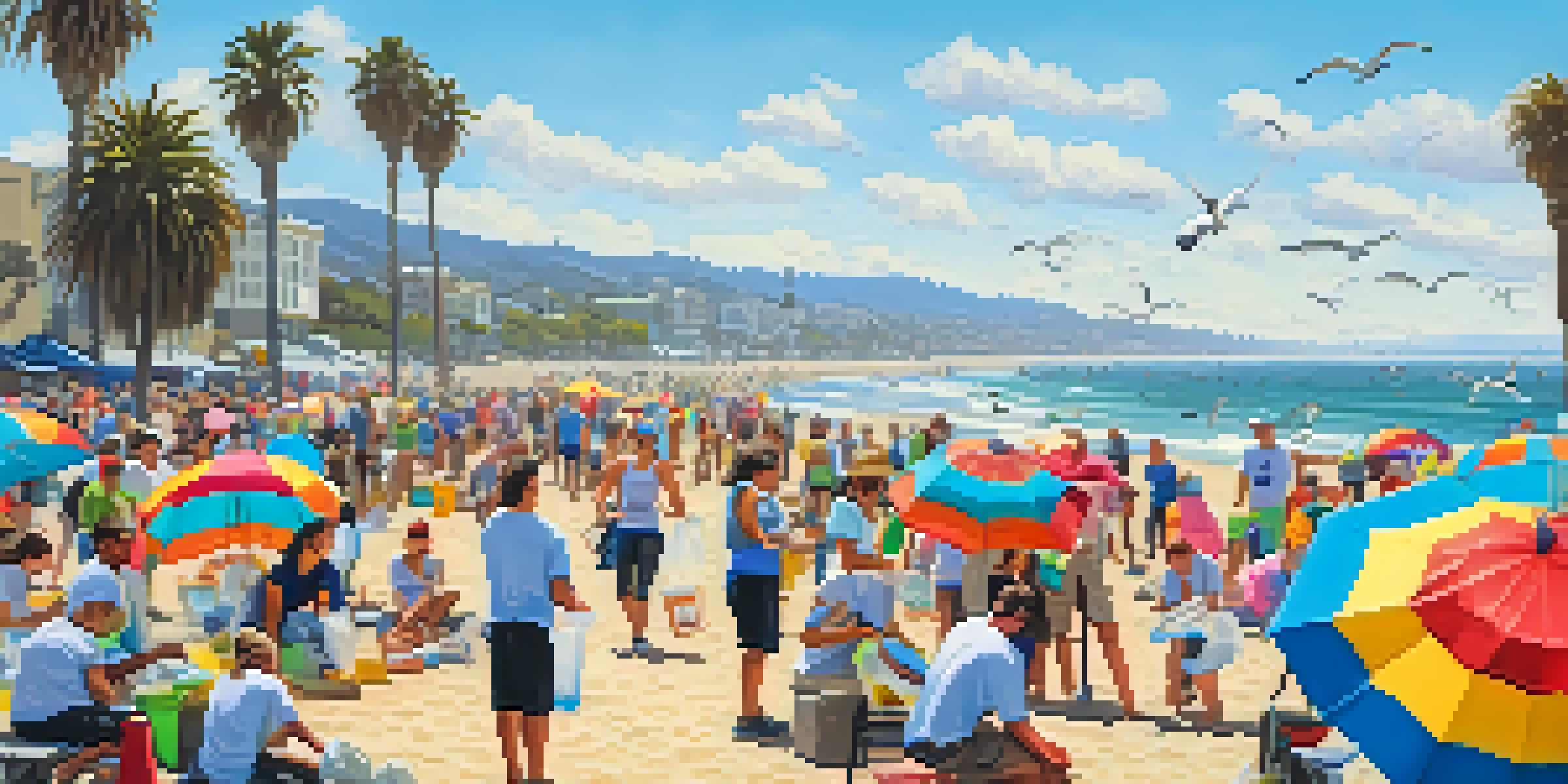 A community beach clean-up event with diverse volunteers collecting trash under a clear blue sky.