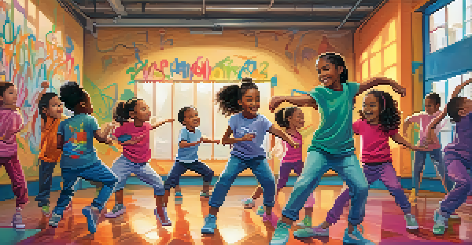Children in trendy clothing learning hip-hop moves in a colorful dance studio with graffiti walls.