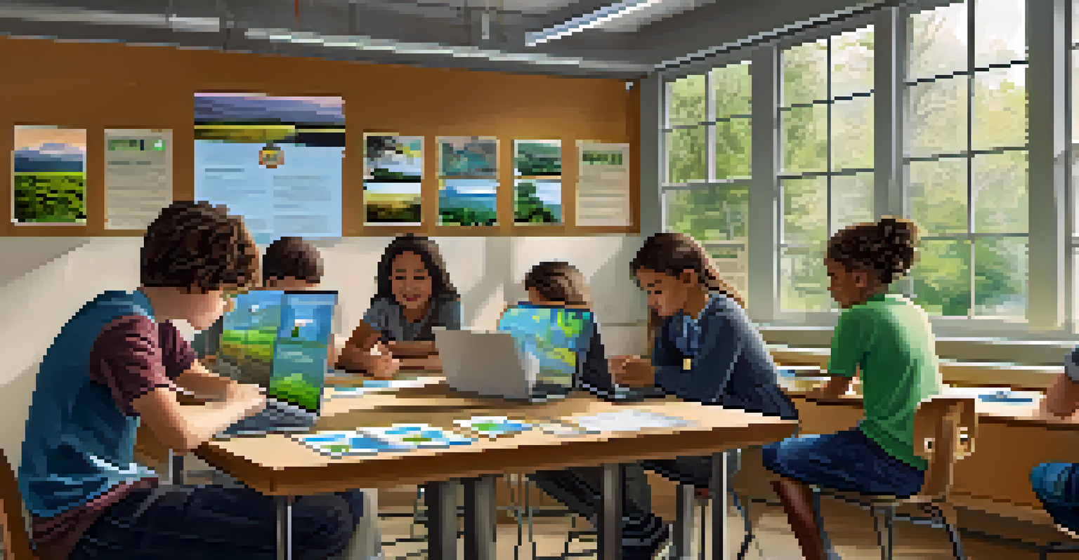 Students in a bright classroom engaging with technology to study local ecosystems and sustainability.